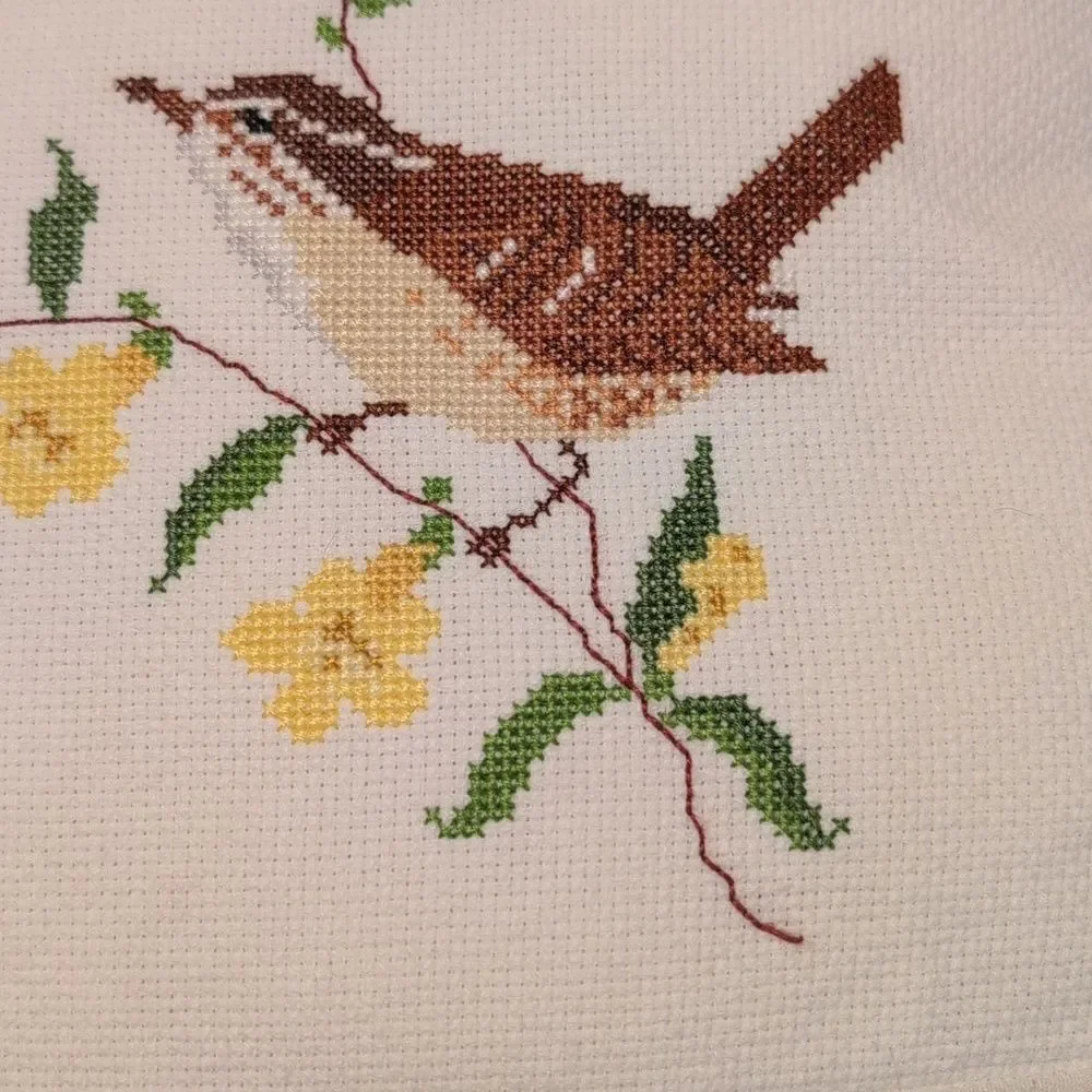 Handmade Cross Stitch Bird and Floral Accent Throw Pillow Vintage